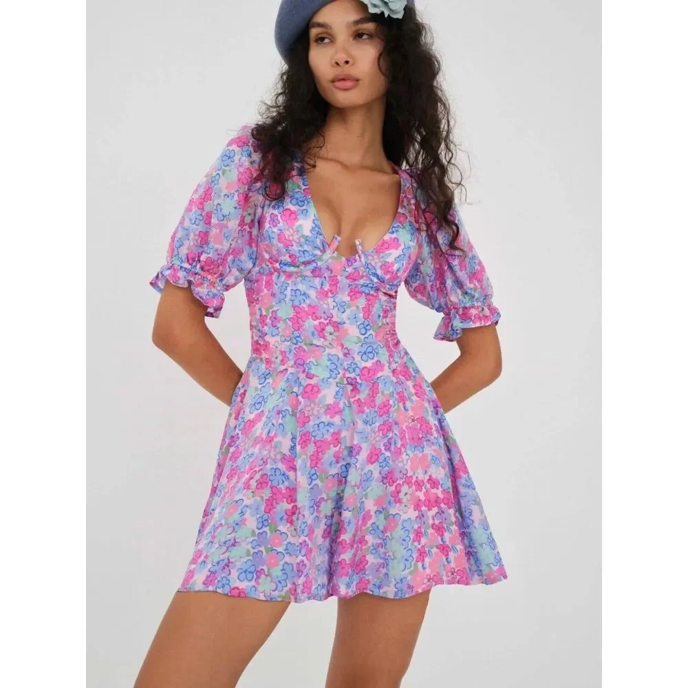 NWT FOR LOVE & LEMONS X Free People Angie Puff Sleeve Mini Dress Size Medium - Picture 1 of 5